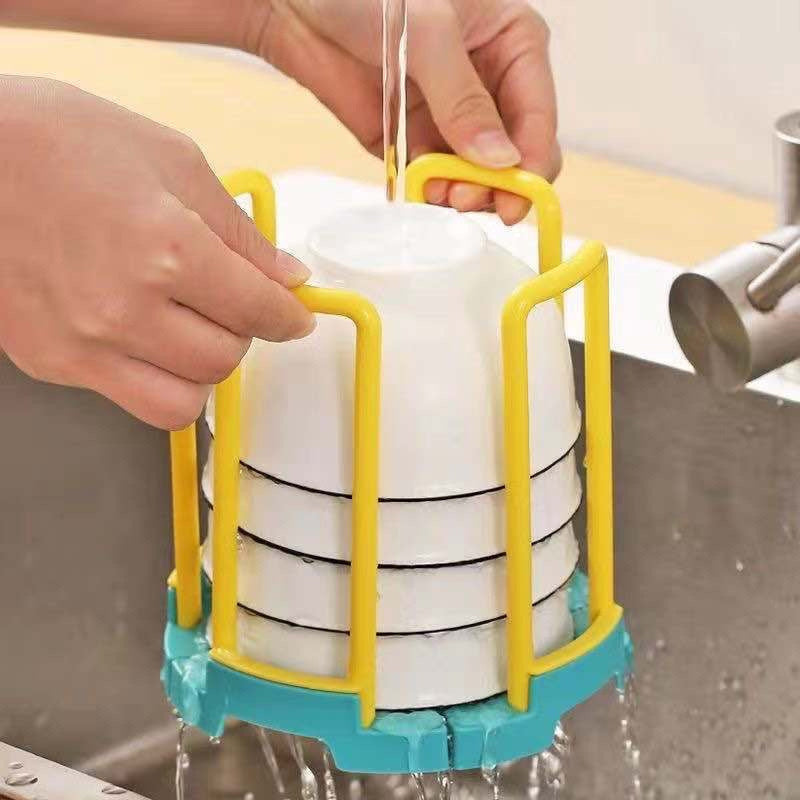 1pc Adjustable Kitchen Dish Rack, Rotatable Multi-Functional Bowl Storage Organizer, Plastic Material, with 4pcs Double-Layer Steel Wire Dish Cloths and Draining System