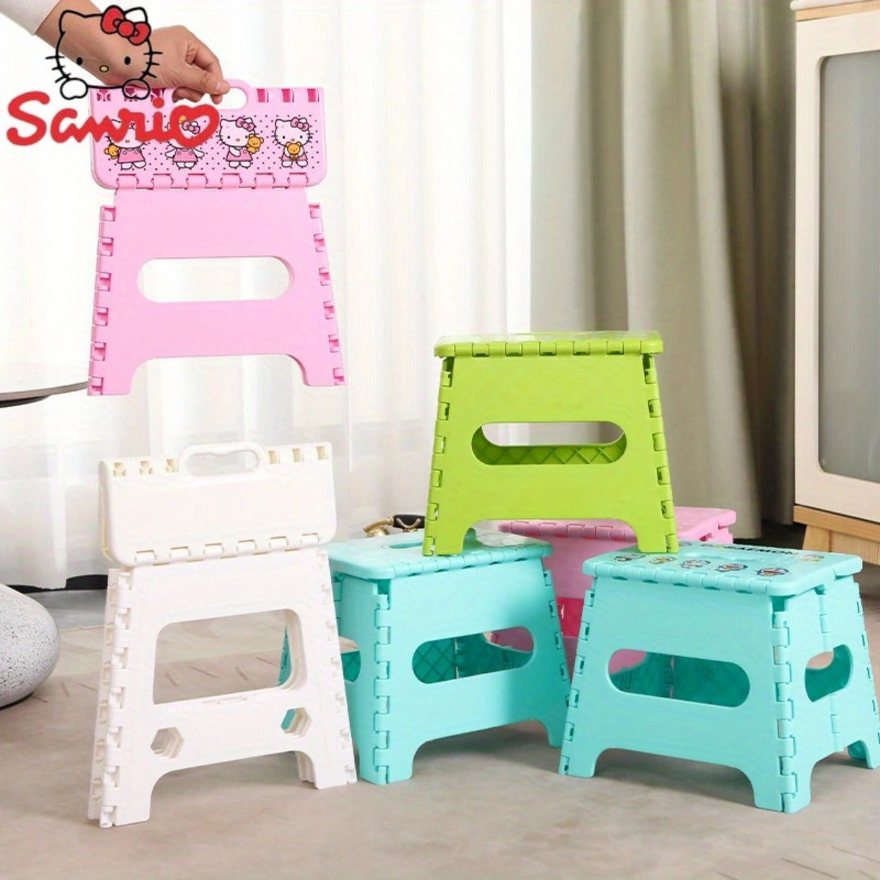 Sanrio Home Portable Stool, Indoor Shoe Changing Bench, Thickened Plastic Material, Cartoon Style Bench, Outdoor Portable Hand Carry Hammock Chair, Folding Stool