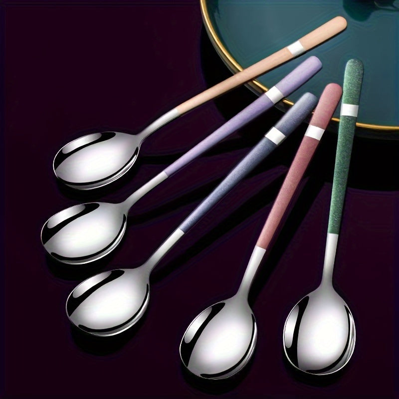 5pcs Stainless Steel Spoons Set, Rust-Resistant, Long-Handled, Thickened Comfort, Heavy-Duty Kitchen Accessories, Ideal for Family Gatherings, Potlucks, and Restaurants