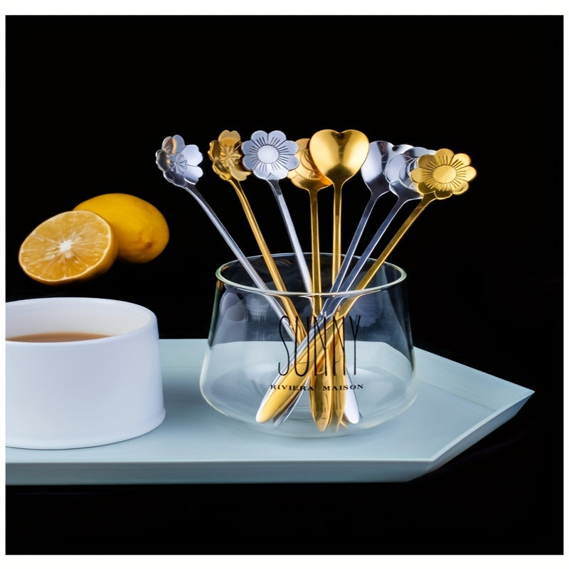 4pcs Flowers Design Gold Spoon Long Handle Dessert Tea Coffee Mixing Spoon Stainless Steel Vintage Teaspoons Drink Tableware