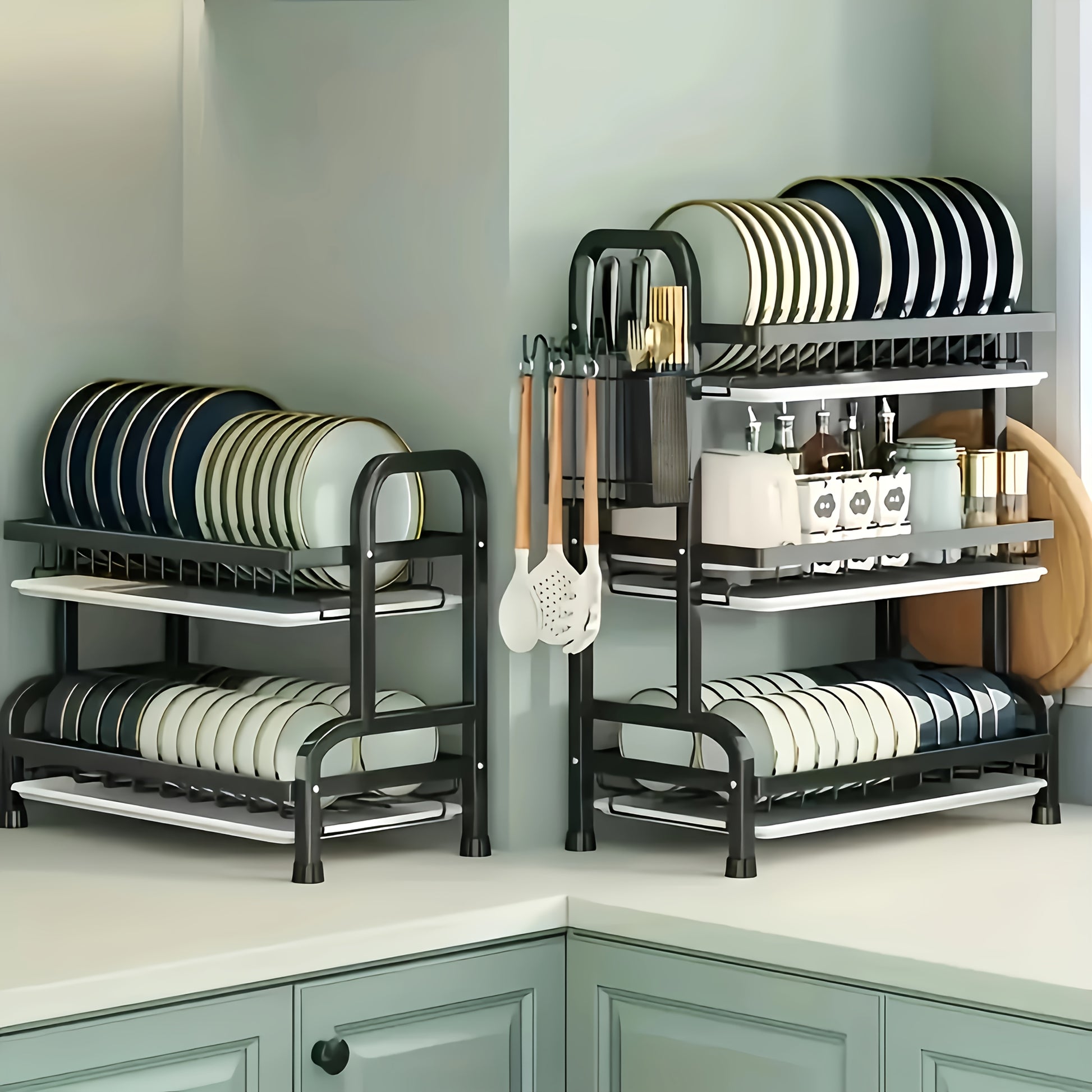 1pc Large Kitchen Double Layer Storage Rack, Quick Drain Multi Layer Storage, with Knife and Fork Holder, Cutting Board Holder, No Wet Tabletop - Multifunctional Tableware Rack, Suitable for Bowls, Plates and Tableware, etc