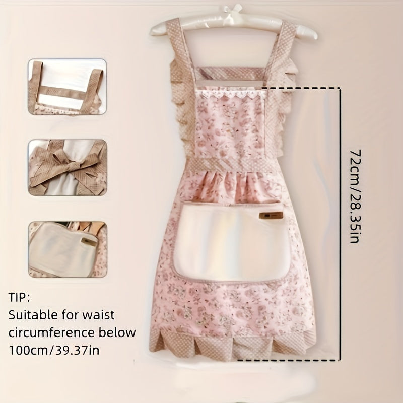 Floral Lace Princess Apron with Hand Wipe Pocket - Polyester, Adjustable Straps, Ruffled Hem, Ideal for Kitchen, Living Room, Bathroom Cleaning | Available in Pink & Green