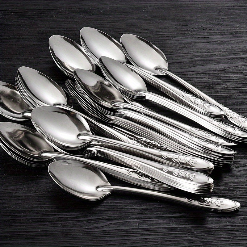10pcs Elegant Stainless Steel Dessert Spoons Set - Long Handle, Ice Cream & Watermelon Scoop Design, Perfect for Kitchen & Dining Tableware, Dessert Spoon