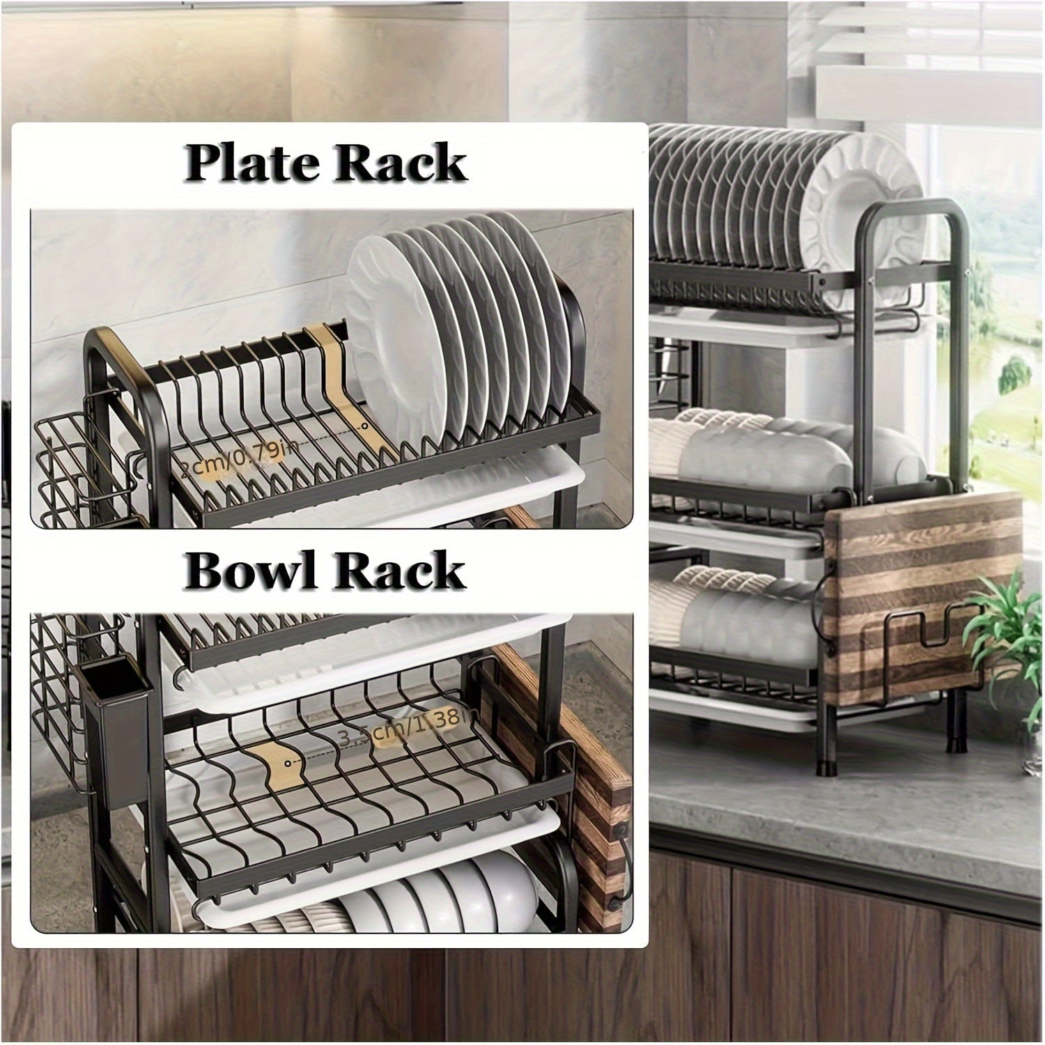 1pc Large Kitchen Double Layer Storage Rack, Quick Drain Multi Layer Storage, with Knife and Fork Holder, Cutting Board Holder, No Wet Tabletop - Multifunctional Tableware Rack, Suitable for Bowls, Plates and Tableware, etc