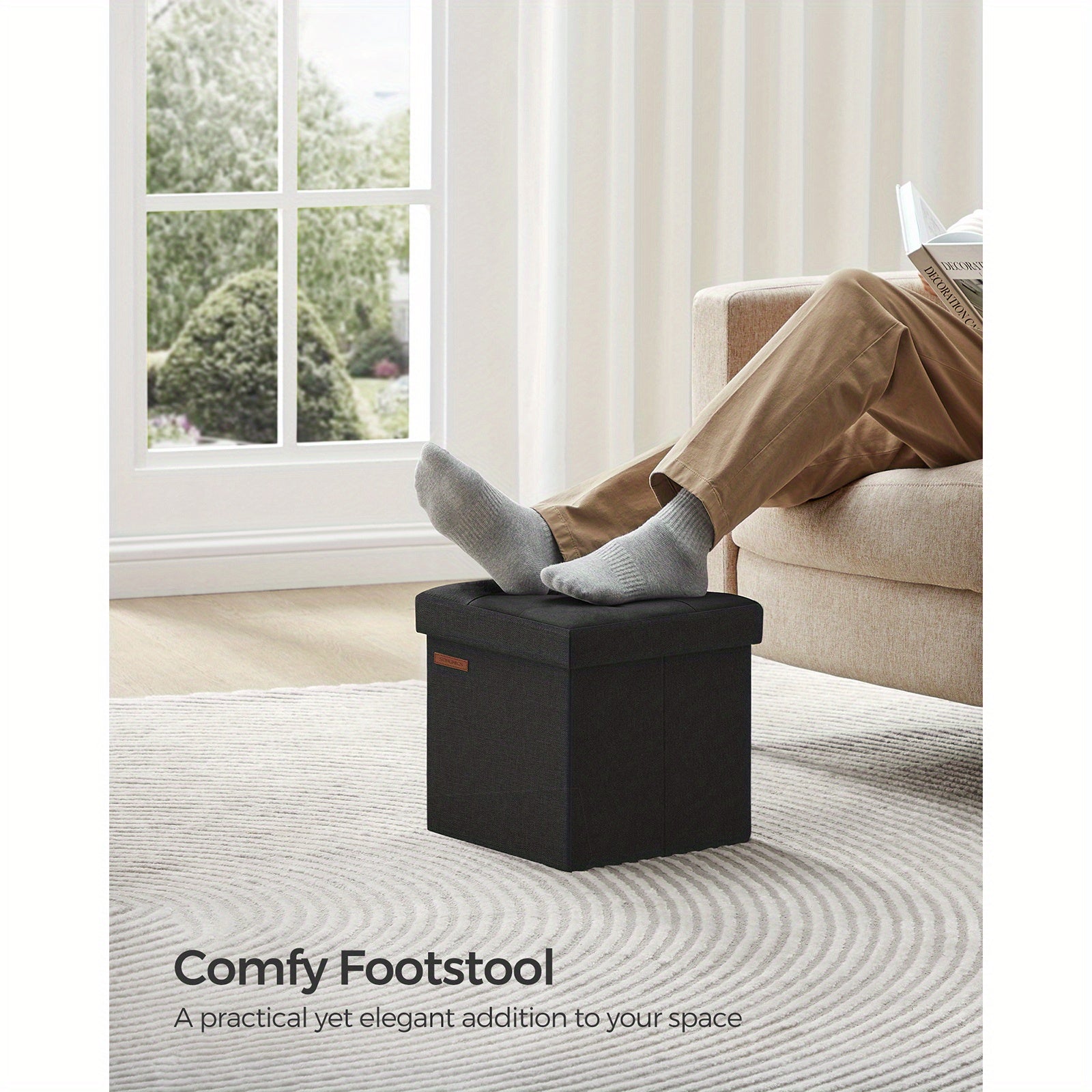 SONGMICS Foldable Storage Ottoman, 11.8 Inch Cube Foot Stool with Sturdy Wooden Frame, Black Compact Footrest for Relaxation and Organization, Supports up to 286 lb