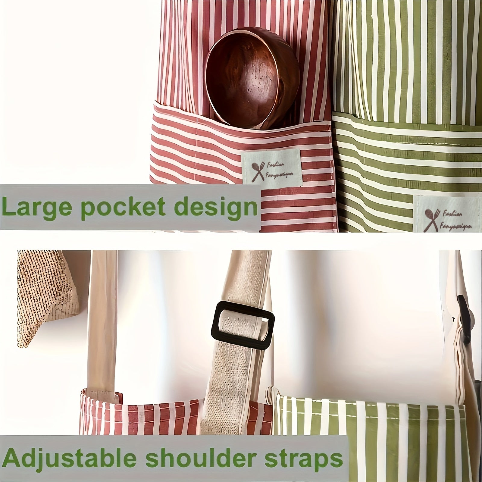 1 adjustable kitchen cooking apron and linen machine washable with 2 pockets and linen colored striped apron stain and grease resistant