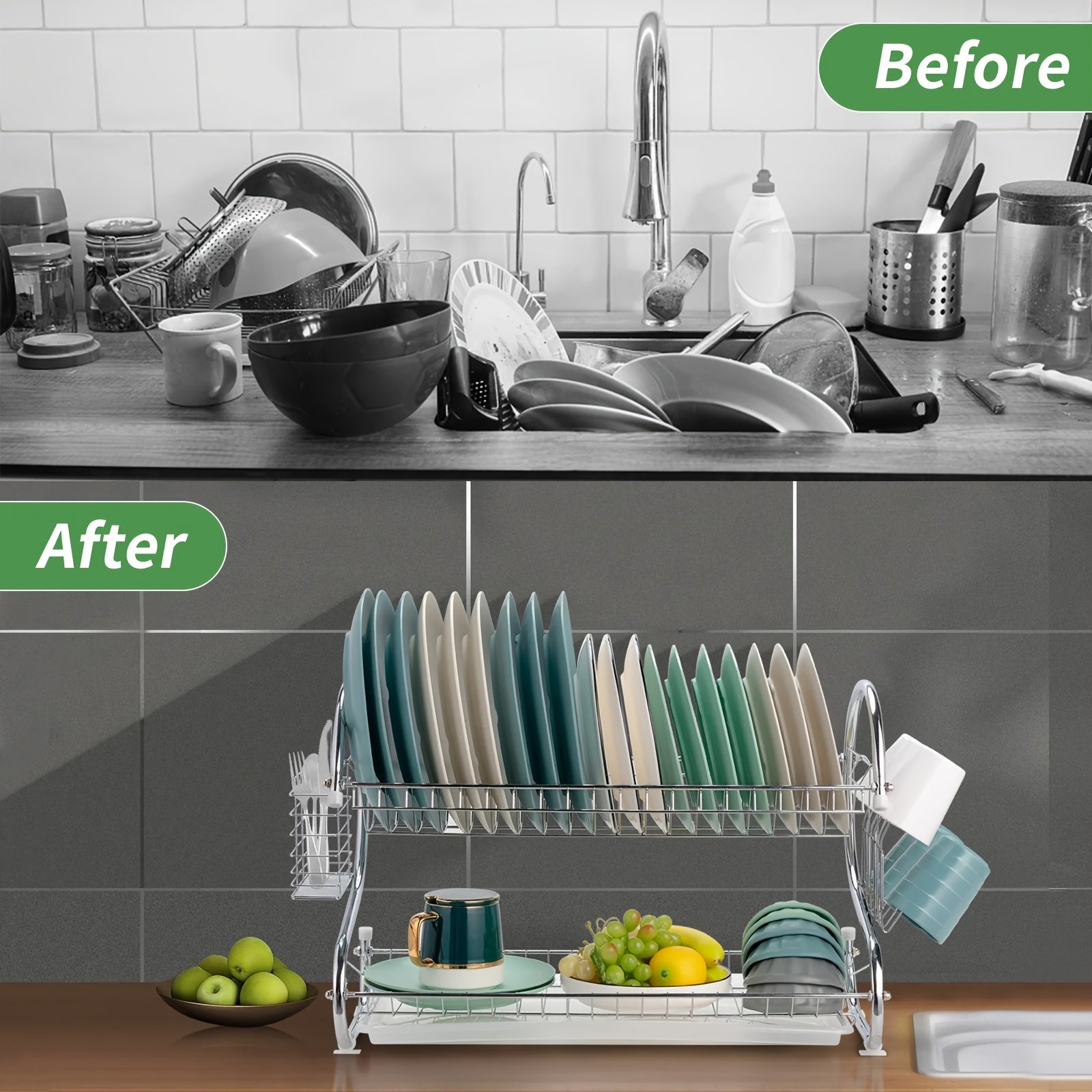 Dual-Tier S-Shaped Stainless Steel Dish Rack - Space-Saving, Countertop Kitchen Organizer for Plates and Bowls, Easy Assembly, Durable Iron Frame, Kitchen Storage Solution|Sleek Metal Rack|Stainless Steel Rack