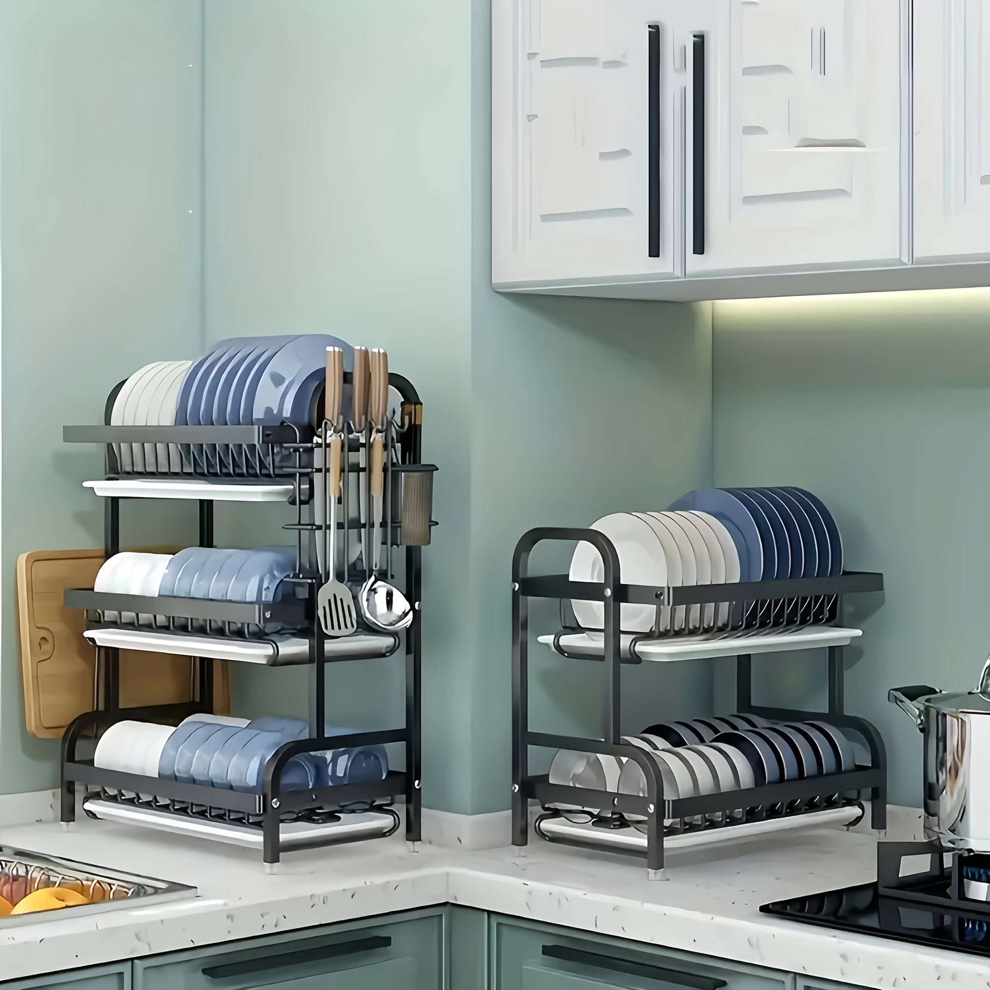 1pc Large Kitchen Double Layer Storage Rack, Quick Drain Multi Layer Storage, with Knife and Fork Holder, Cutting Board Holder, No Wet Tabletop - Multifunctional Tableware Rack, Suitable for Bowls, Plates and Tableware, etc