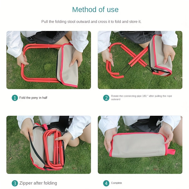 Portable Folding Stool with Pen Bag - Stainless Steel, Champagne Color, Compact & Lightweight for Travel, Hiking, Camping, and Outdoor Adventures