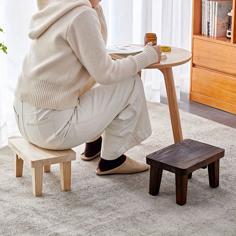1pc Solid Wood Retro Square Stool - Japanese Style Low Seat, Footstool for Living Room and Bedroom, No Cushion