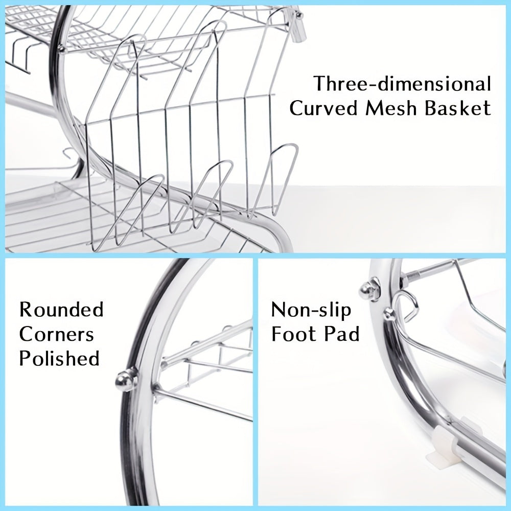 Dual-Tier S-Shaped Stainless Steel Dish Rack - Space-Saving, Countertop Kitchen Organizer for Plates and Bowls, Easy Assembly, Durable Iron Frame, Kitchen Storage Solution|Sleek Metal Rack|Stainless Steel Rack