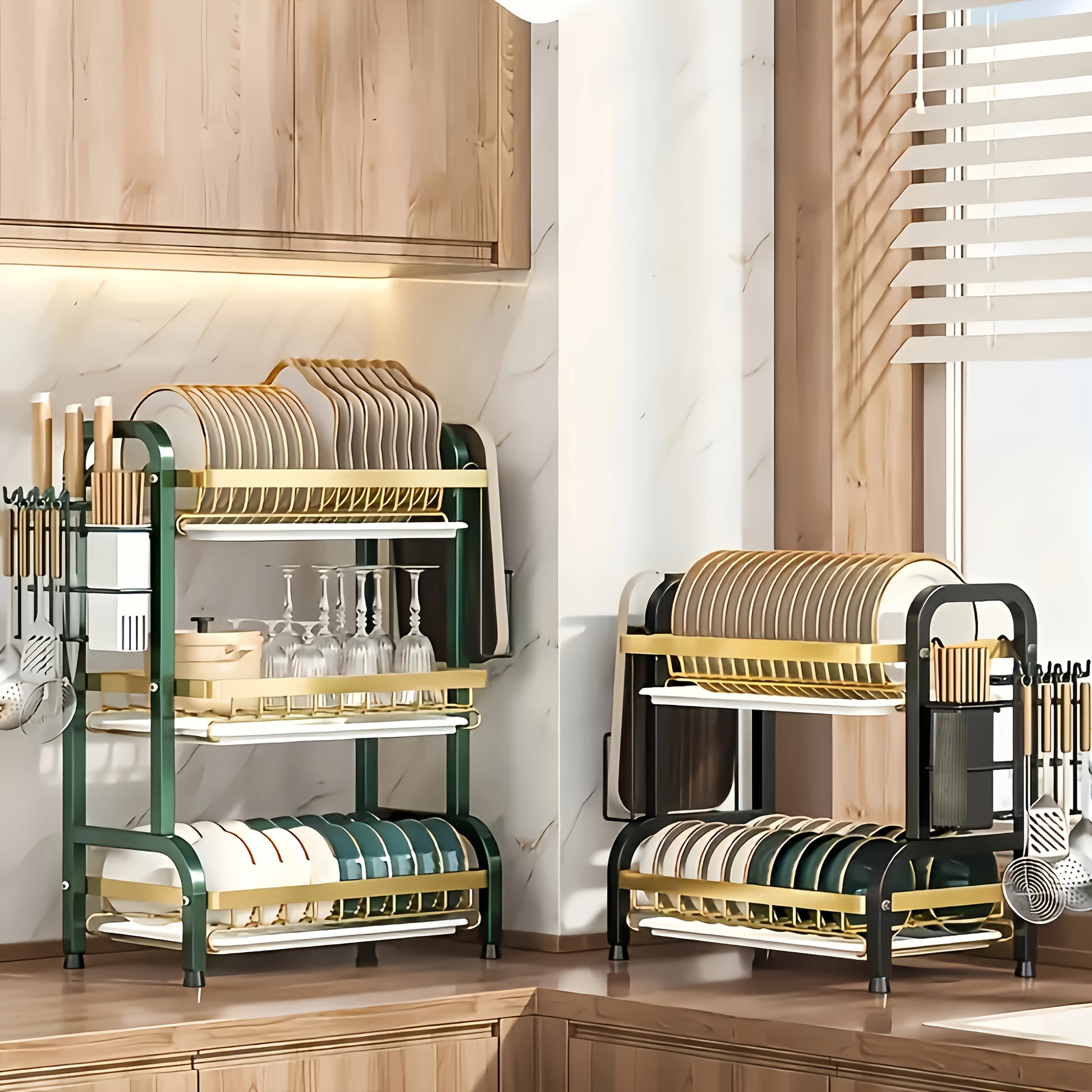 1pc Large Kitchen Double Layer Storage Rack, Quick Drain Multi Layer Storage, with Knife and Fork Holder, Cutting Board Holder, No Wet Tabletop - Multifunctional Tableware Rack, Suitable for Bowls, Plates and Tableware, etc