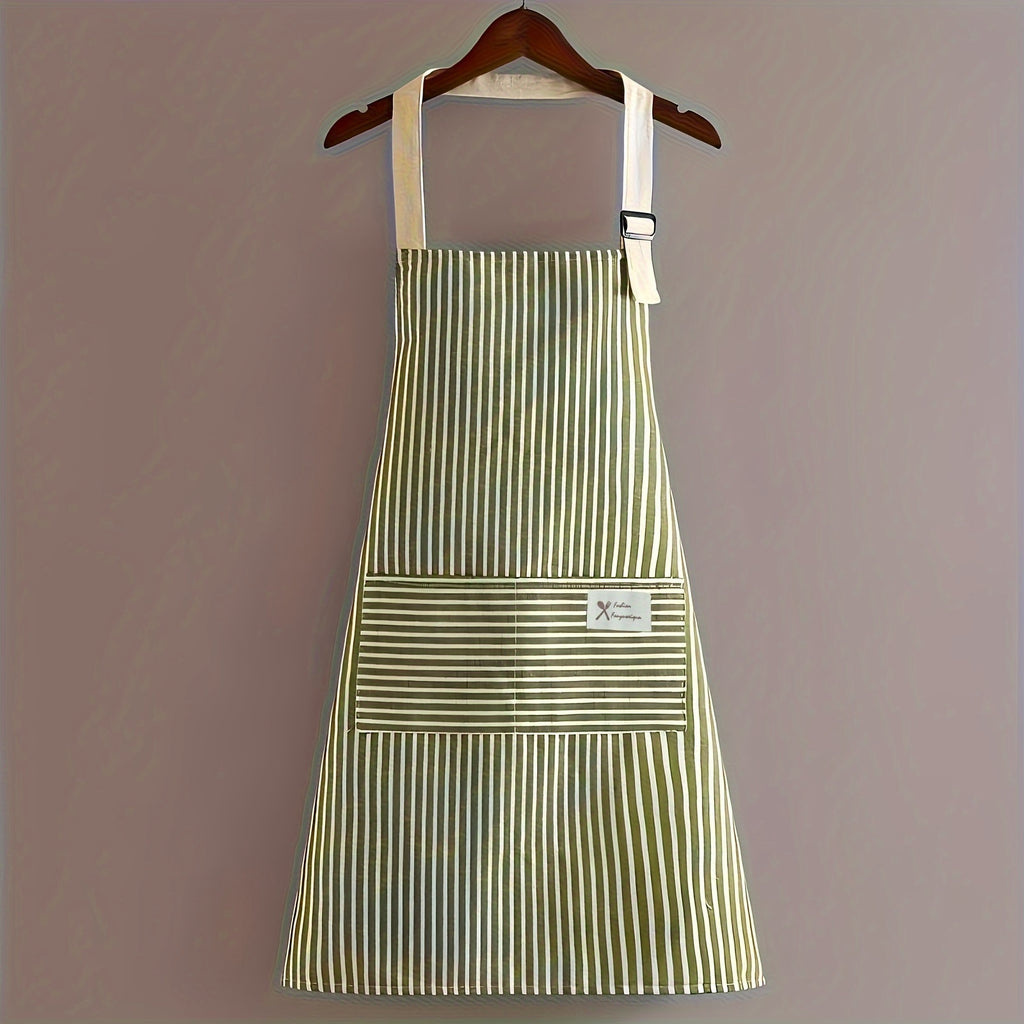 1 adjustable kitchen cooking apron and linen machine washable with 2 pockets and linen colored striped apron stain and grease resistant