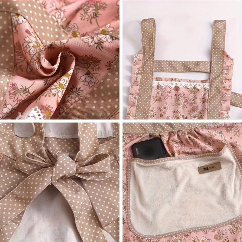 Floral Lace Princess Apron with Hand Wipe Pocket - Polyester, Adjustable Straps, Ruffled Hem, Ideal for Kitchen, Living Room, Bathroom Cleaning | Available in Pink & Green