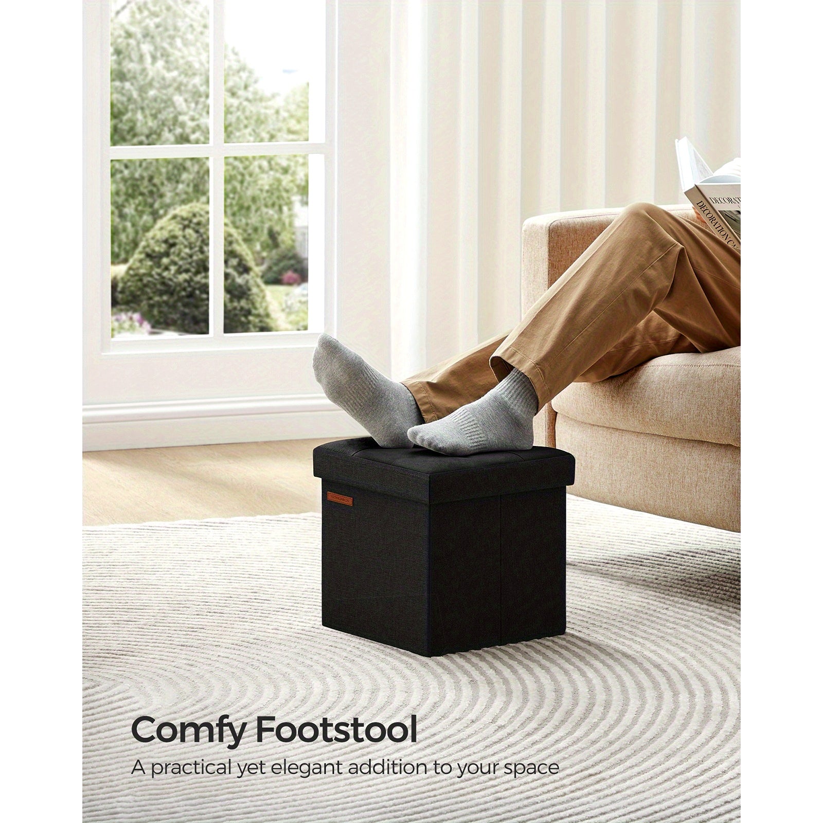 SONGMICS Foldable Storage Ottoman, 11.8 Inch Cube Foot Stool with Sturdy Wooden Frame, Black Compact Footrest for Relaxation and Organization, Supports up to 286 lb
