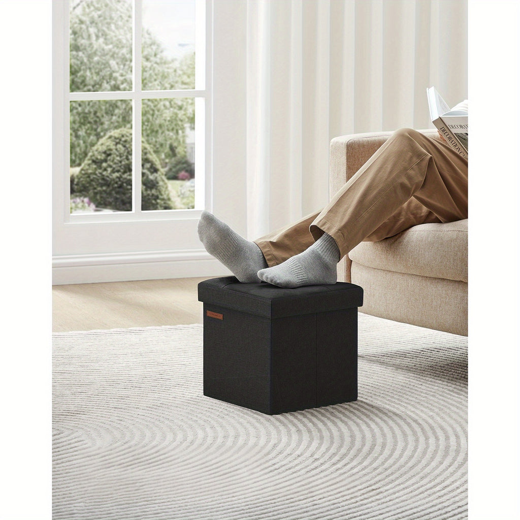 SONGMICS Foldable Storage Ottoman, 11.8 Inch Cube Foot Stool with Sturdy Wooden Frame, Black Compact Footrest for Relaxation and Organization, Supports up to 286 lb